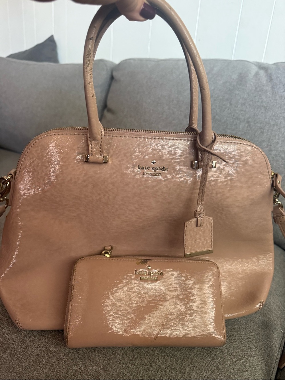 kate spade glossy nude patent satchel with matching wallet